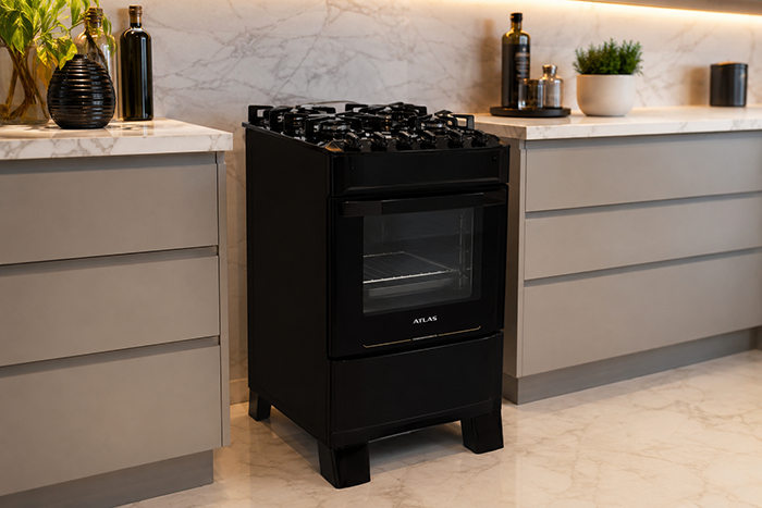 Fogão 4 bocas Atlas Mônaco Top Glass preto em cozinha moderna com mesa de vidro temperado.